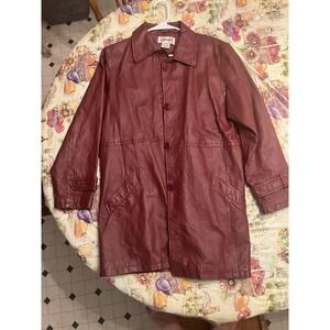 VTG 90s Bagatelle Burgundy Red Leather Trench Coat Belted Classic Women's 14